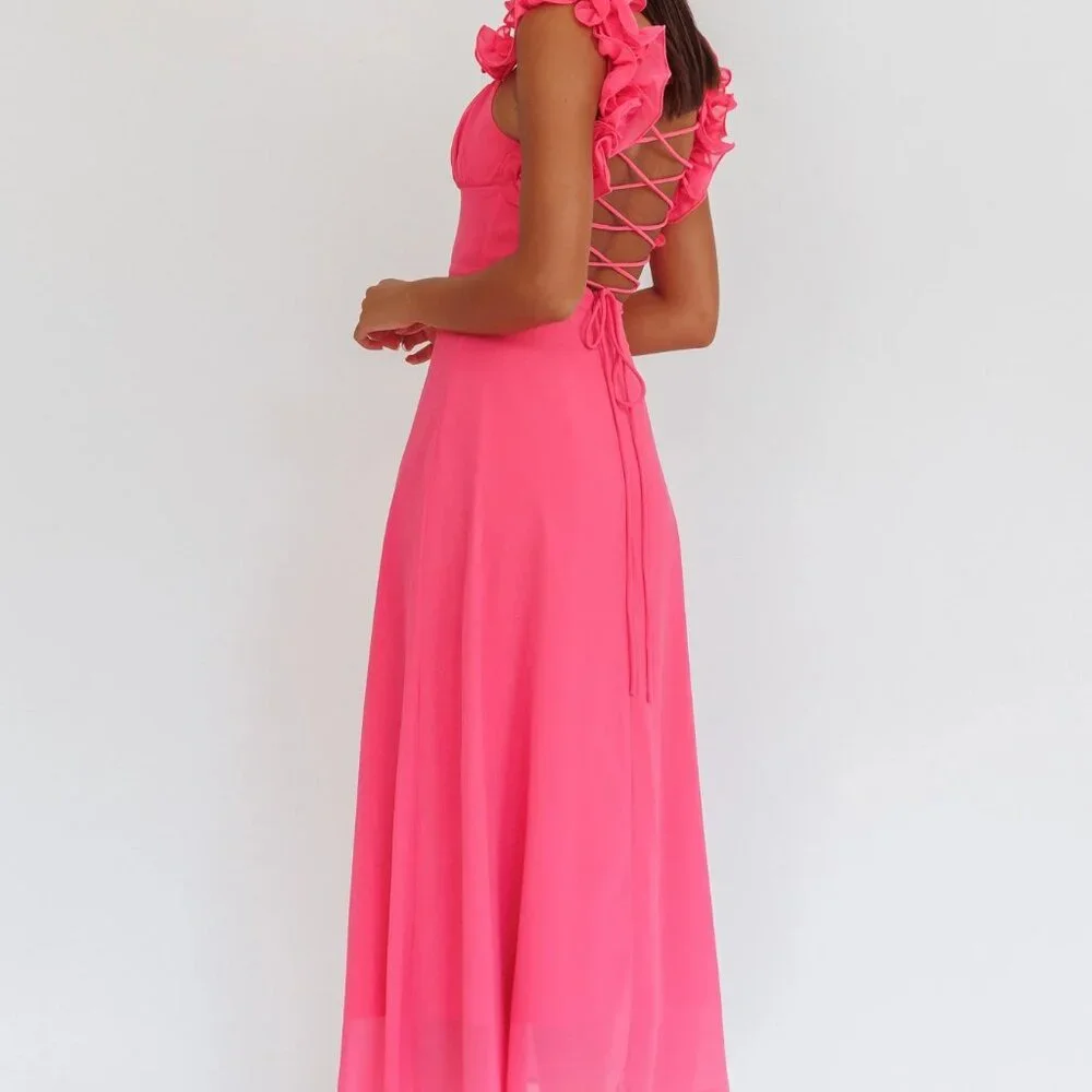 Saints and Secrets by Selfie Leslie Eloquent Lace-Up Back Maxi Dress Hot Pink - Picture 2 of 2